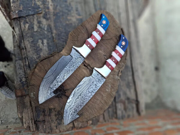 Handmade Hunting Knife, Damascus steel gut hook hunting 2 skinner knives Leather Sheath,  Camping Knife, Groomsmen Gift (Copy) - Image 6