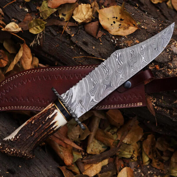 Handmade Damascus Hunting Knife Stag Handle With Genuine Leather Sheath With Natural Handle Material For Birthday Gift And Anniversary Gift for Him
