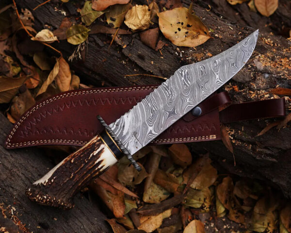 Handmade Damascus Hunting Knife Stag Handle With Genuine Leather Sheath With Natural Handle Material For Birthday Gift And Anniversary Gift for Him