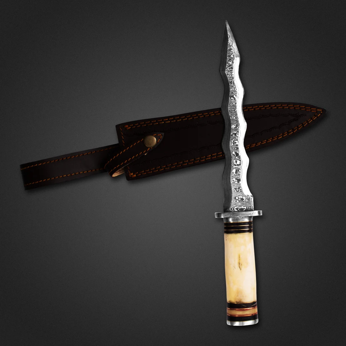 Handmade Damascus Horn and Brass Handle with a Leather sheath Collectors Knife Camping Khife Personalized Gift for him, Husband, Boyfriend
