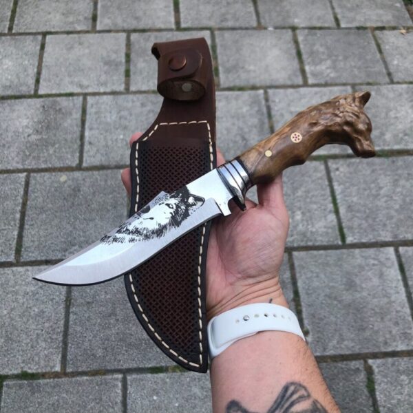 Wolf Head Camping Knife Custom Handmade Handcrafted Hunting Knife, Anniversary & Birthday Gift for Him, Unique Custom Blade, Customized Knife