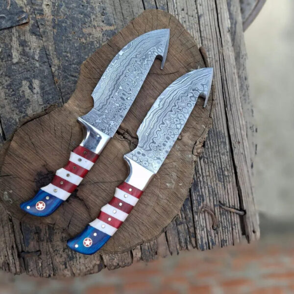 Handmade Hunting Knife, Damascus steel gut hook hunting 2 skinner knives Leather Sheath,  Camping Knife, Groomsmen Gift (Copy)