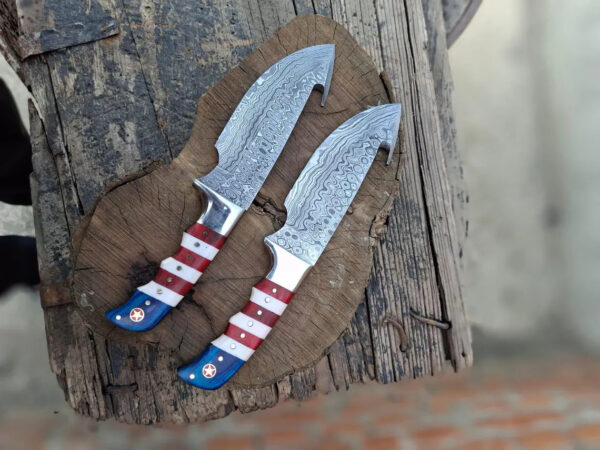 Handmade Hunting Knife, Damascus steel gut hook hunting 2 skinner knives Leather Sheath,  Camping Knife, Groomsmen Gift (Copy)