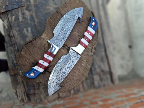 Handmade Hunting Knife, Damascus steel gut hook hunting 2 skinner knives Leather Sheath,  Camping Knife, Groomsmen Gift (Copy) - Image 4