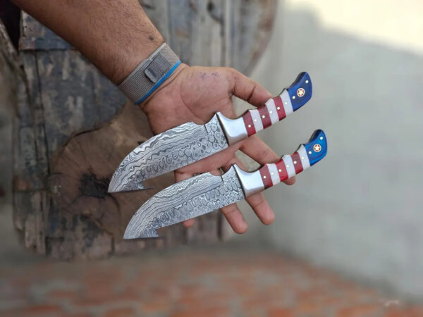 Handmade Hunting Knife, Damascus steel gut hook hunting 2 skinner knives Leather Sheath,  Camping Knife, Groomsmen Gift (Copy) - Image 3