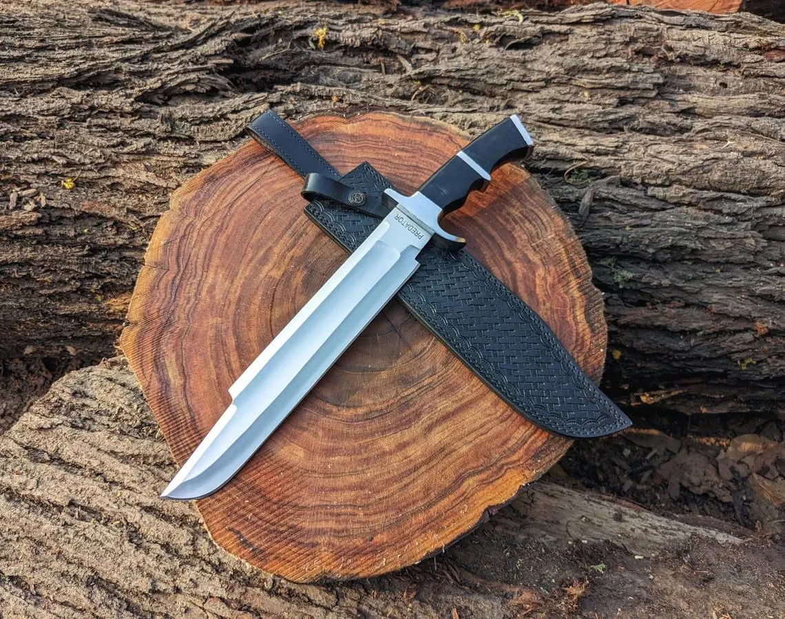 Handmade Tactical Bowie Knife, Predator Hunting Knife, Survival Fixed Blade, Outdoor Camping Knife with Leather Sheath, Gift for Husband
