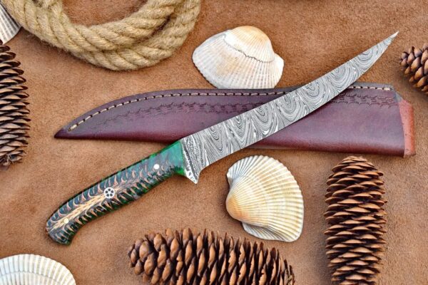 Custom Hand Made Damascus Steel Fillet Knife For Fish and Meat | – Boning Knife with Pine Cone Resin Handle 12" Custom Gift - 2