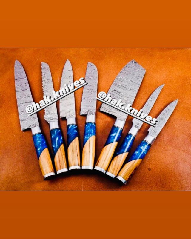 HAK CHEF'S KNIVES / Canadian Style ROSEWOOD + SPECIAL BURL / SET OF 7 PIECES — Stain less Steel Damascus — Handel Material: Rose Wood With Blue sheet Paper — Hand Forged Includes: — (1) 25" Knife — (1) 23” Knife — (1) 20" Knife _. (1) 17” knife _ (1) 15” Knife —(1) 10” Knife __(1) 8” Knife — Leather Sheath __ Free Shipping 🌎 #knife #knifelife #knifestagram #knifemaking #knifemaker#knifefanatics#edcknife #customknife #knifeparty #knifenuts #knifeart #knifefanatic #knifeaddiction #pocketknife #knifeobsession #chefknife #damascus #knives #swordartonline #axe #leathersheath #usa🇺🇸 #canada🇨🇦 #europe🇪🇺#spain🇪🇸#londonlife #turkey🇹🇷 #france🇫🇷#germany🇩🇪#unitedkingdom🇬🇧
