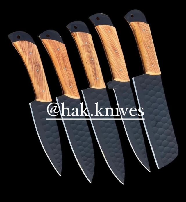 HAK CHEF’S KNIVES / Swedish Style ROSEWOOD + SPECIAL BURL / SET OF 5 SET OF 5 PIECES — Stain less Steel with Black Rowling — Handel Material: Rose Wood — Hand Forged Includes: — (1) 23” Knives — (1) 21” Knives — (1) 15 “ Knives __(1) 10” knives & (1) 8” Knives — Leather Sheath __ Free Shipping 🌎 #knife #knifelife #knifestagram #knifemaking #knifemaker#knifepics #knifefanatics#edcknife #customknife #knifeparty #knifenuts #knifeart #knifefanatic #knifeaddiction #pocketknife #knifeobsession #chefknife #damascus #knife #knives #swordartonline #axe #leathersheath #christmas #knifefanatics #usa🇺🇸 #canada🇨🇦 #europe🇪🇺#spain🇪🇸#londonlife #turkey🇹🇷 #france🇫🇷